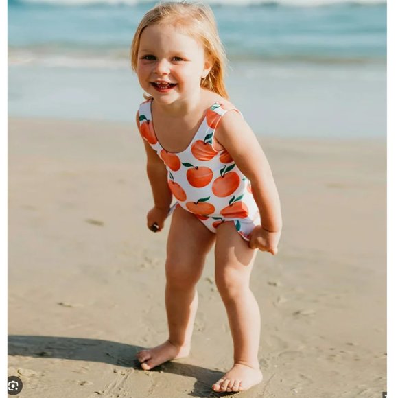 NWOT | GIRLS RUFFLED ONE-PIECE SWIMSUIT W/ORANGE PRINT | SZ 2T - Picture 3 of 3